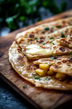 Delicious Potato Stuffed Flatbread with Melted Butter and Fresh Herbs. photo