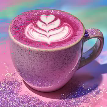 Pink glitter coffee cup with latte art and sparkling sprinkles. photo