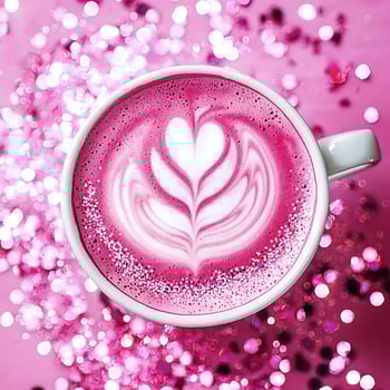Pink Latte Art with Sparkly Glitter and Bokeh Lights. photo