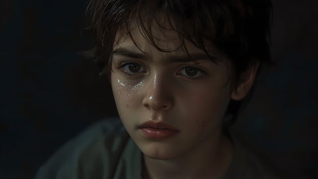 Close Up Portrait of a Pensive Young Boy with Water Droplets on his Face photo