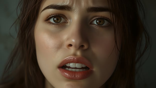 Close Up Portrait of a Shocked Young Woman with Wet Face and Dark Specks photo