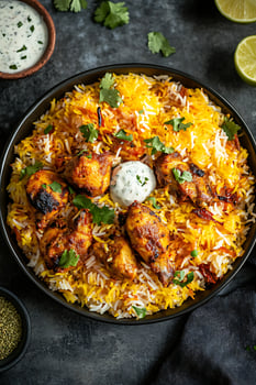 Delicious Chicken Biryani With Creamy Yogurt Dip and Lime Slices. photo
