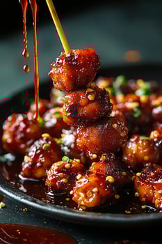 Delicious glazed meat balls served on a stick, dripping with sauce. photo