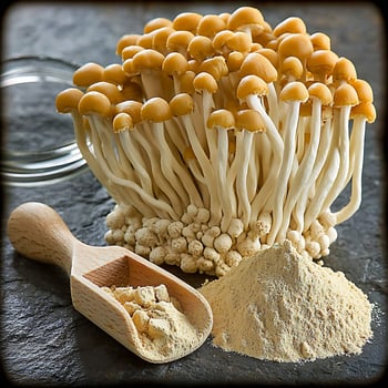 Fresh Enoki Mushrooms and Powdered Mushroom Ingredient for Cooking. photo