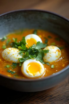 Delicious Soup With Soft Boiled Eggs and Fresh Herbs. photo