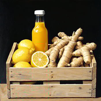 Fresh Lemons, Ginger Root, and Yellow Juice in a Wooden Crate. photo