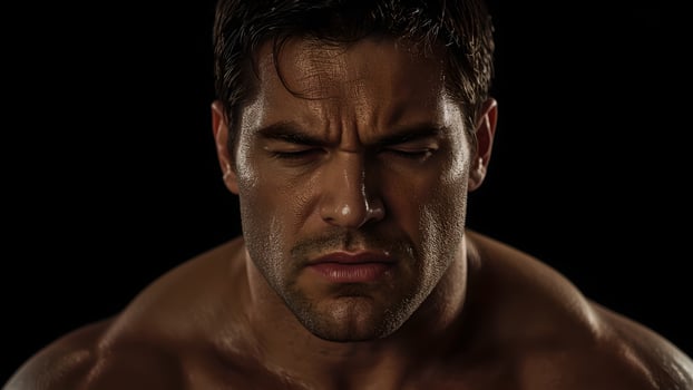 Close Up Portrait of a Sweaty Muscular Man Against a Black Background photo