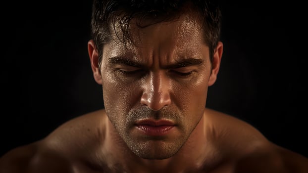 Close Up Portrait of Sweaty Muscular Man, Intense Expression, Dark Background photo