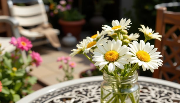 wild daisies in a jars brighten the patio table, sunlight glinting off the still water insides photo