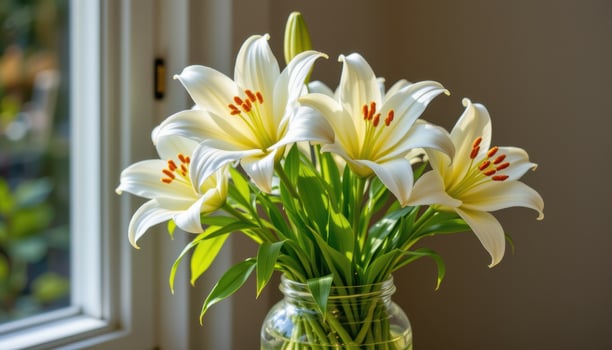 white lilies inside a tall jar, the water catching golden highlights from the slanting afternoon suns photo
