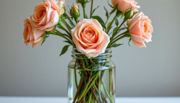 pale roses fill a tall jar, stems twisting gracefully through the cool, still water insides photo