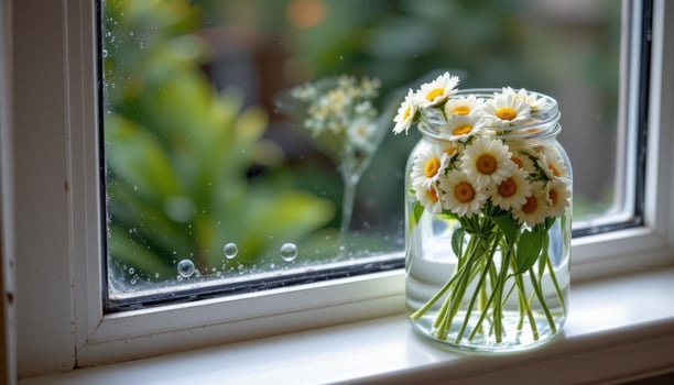 jar of daisises sits quietly on the sill, water still and clear insides photo