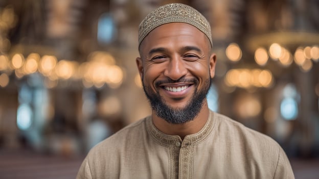 Joyful african muslim man standing inside mosque bokeh portrait image. Smiling black male kufi hat and beige clothing photography human. Ramadan islamic culture concept photo-realistic photo