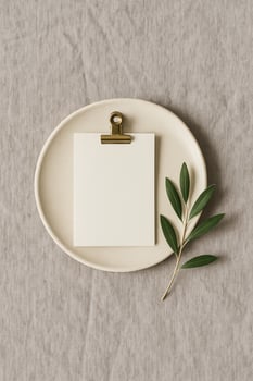Minimal flat lay of a blank card clipped on a ceramic plate with an olive branch on linen fabric. Warm natural light, soft shadows and clean copy space for stationery or branding. photo