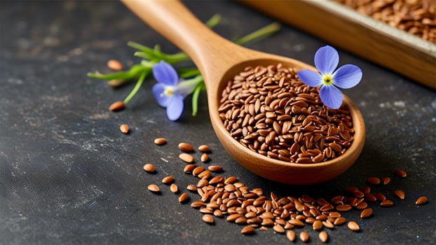 Flax seeds and a wooden spoon photo