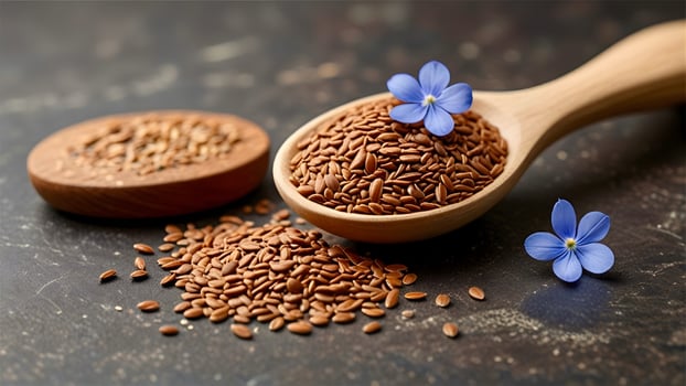 Flax seeds and blue flowers photo
