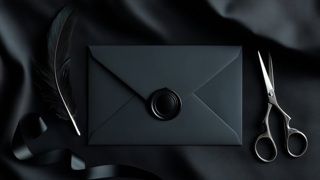 Black envelope mockup with wax seal, scissors and feather quill on dark fabric. Gothic elegant stationery template for luxury invitations, wedding cards, Halloween events. Premium branding design. photo