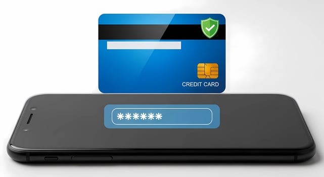 Credit card on phone with password entry shown on transparent background photo