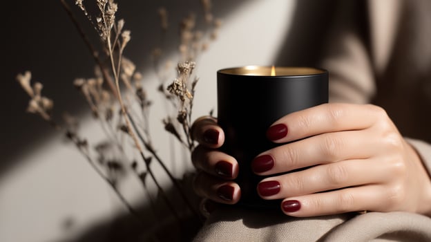 Cozy autumn candle held in hands with red manicured nails and dried flowers background. Relaxing hygge wellness aromatherapy lifestyle with warm intimate peaceful atmosphere for selfcare ritual. photo