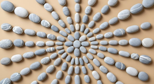 Top-down abstract pattern of stone pebbles arranged on sand-colored surface with natural light, forming a minimal texture background with ultra-detailed clarity and no people photo