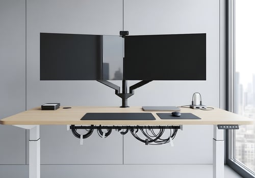 Minimalist modern standing desk office setup with dual monitors, visible clean cable management, and no human presence, captured in high detail photo