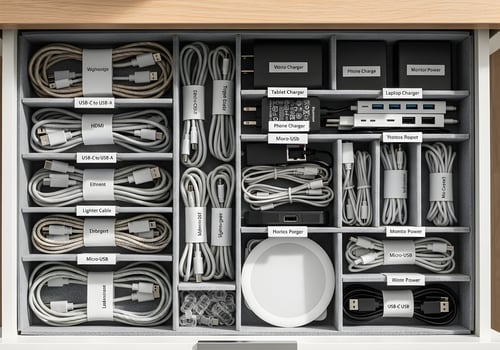 Top-down view of an ultra-organized cable drawer in modern office featuring labeled chargers, adapters, and accessories with soft ambient light photo