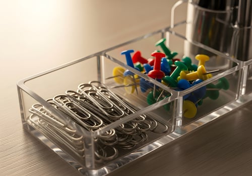 Close-up of neatly organized paper clips and push pins in acrylic tray on office desk with soft morning lighting and ultra-clear detail photo