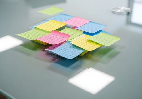 Top-down view of transparent sticky notes layered on glass desk surface with natural reflections and clean lighting in modern office photo