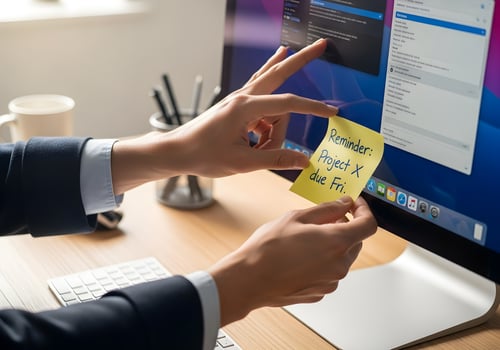 Close-up of hand placing sticky note on monitor edge, captured in clean daylight office environment with modern composition photo