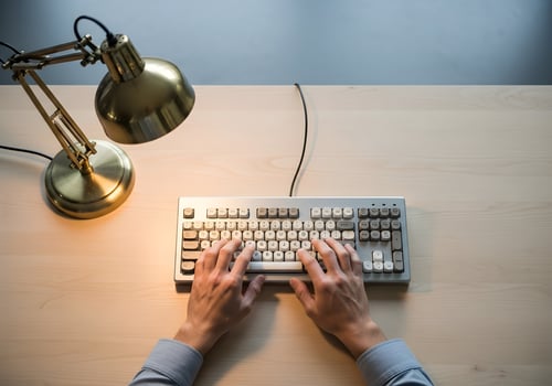 Top-down office desk photo showing only forearms typing on vintage mechanical keyboard with clean minimal background and natural lighting