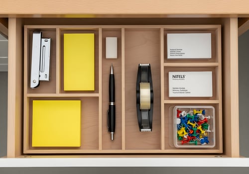 Organized office drawer containing essentials like stapler, sticky notes, tape, and pins with clean layout and sharp crisp detail photo