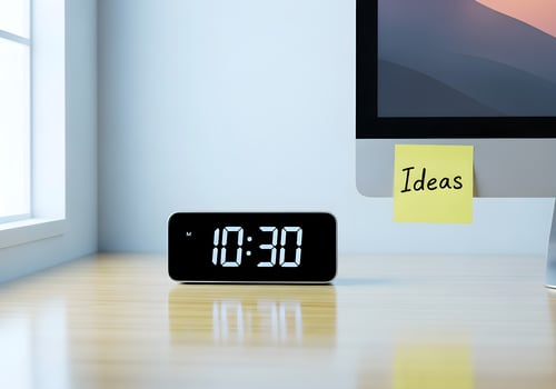 Minimal photo of clean desktop featuring a digital clock and one sticky note on monitor, well-lit with modern workspace aesthetic