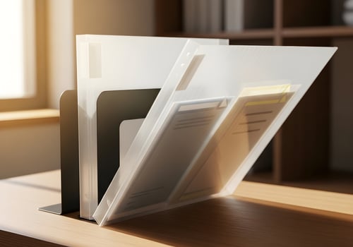 Creative photo of plastic filing folders leaning on metal bookend on tidy office shelf captured with warm natural lighting