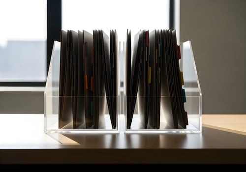 Side profile photo of neatly aligned office trays with folders, captured in soft backlight with minimalist and organized visual tone