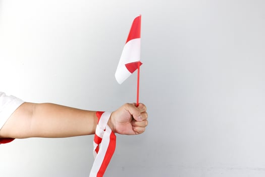 Man's hand wearing red white ribbon holding indonesia flags photo