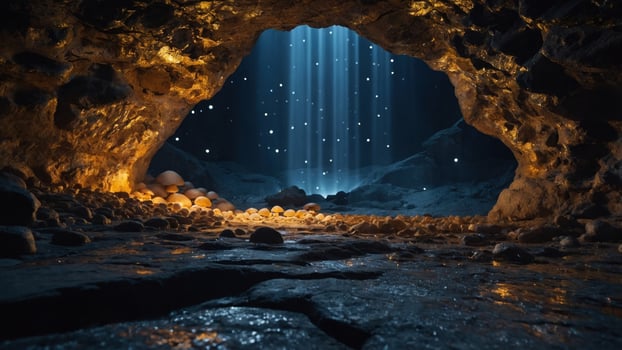 Mysterious cave interior illuminated by soft light beams, revealing rocky textures and scattered stones photo
