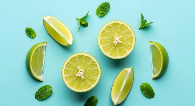 Fresh lime wedges with small mint leaves arranged on pastel turquoise background, ultra detailed, crisp edges, noise free, natural lighting, no blur photo