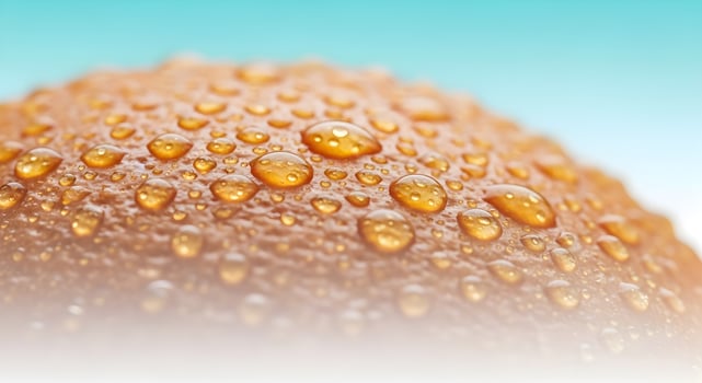 Macro close-up detail of orange peel texture with water droplets on pastel turquoise to white gradient background, ultra detailed, crisp edges, noise free, natural lighting, no blur photo