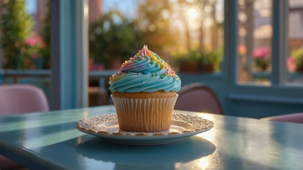 A cupcake sitting on a table in front of a window photo