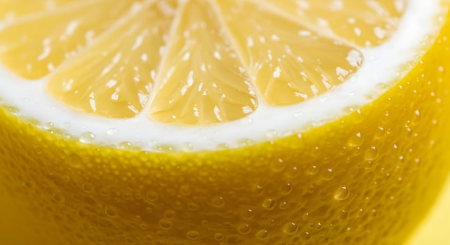 Macro close-up of lemon skin texture with water droplets, ultra detailed, crisp edges, noise free, natural lighting, pastel yellow background, fresh citrus detail photography photo