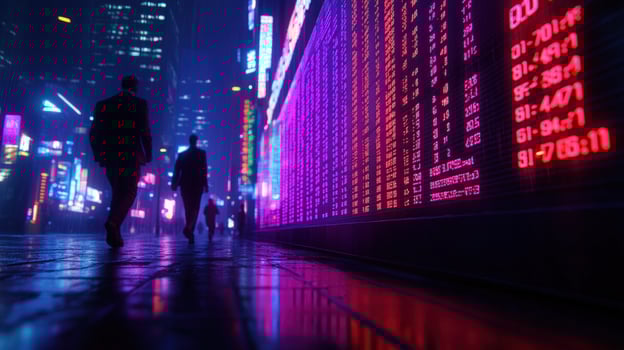 Neon Cityscape Businessmen Walking Past Stock Ticker at Night photo