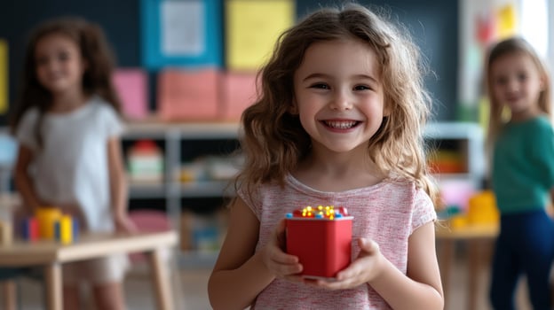 Smiling Girl in Preschool Classroom Holding a Toy photo