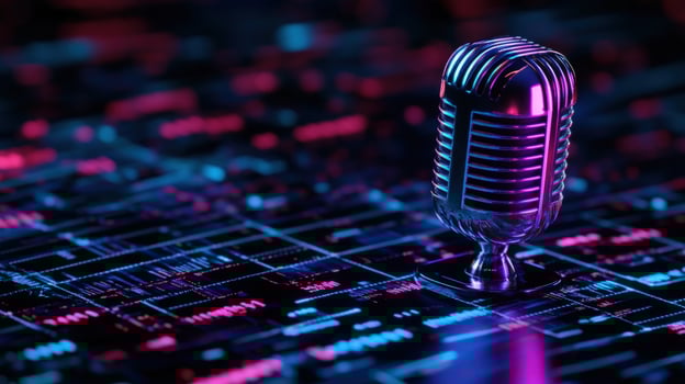 Retro Microphone in a Futuristic Digital Landscape A Symphony of Vintage and Modern Technology photo