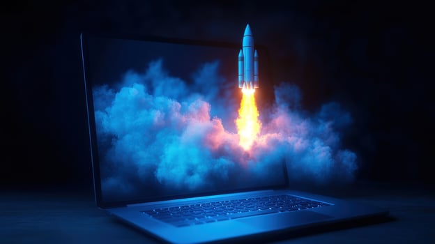 A laptop with a rocket flying out of it photo