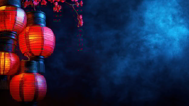 Red Lanterns Hanging in a Mystical Blue Haze Chinese New Year Festive Decor photo