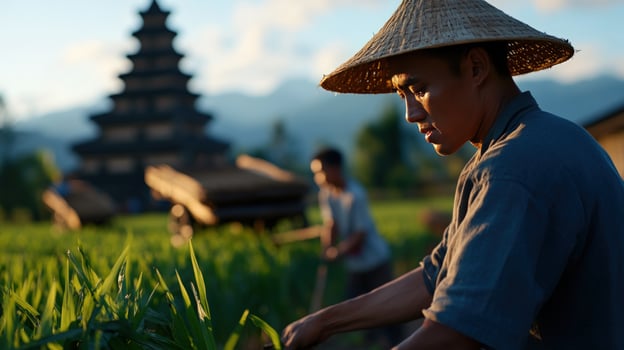 Rice Paddy Worker at Sunset photo