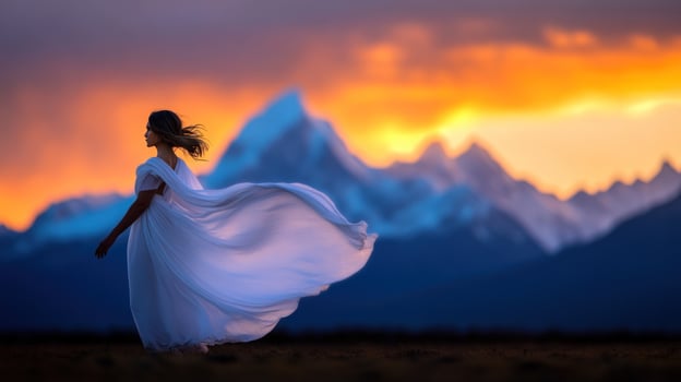 Sunset Serenity A Woman in White Amidst Majestic Mountains photo