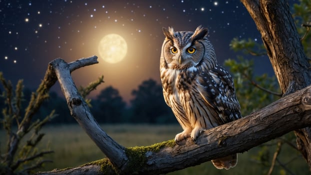 Owl sitting on a branch at night with the moon in the background photo