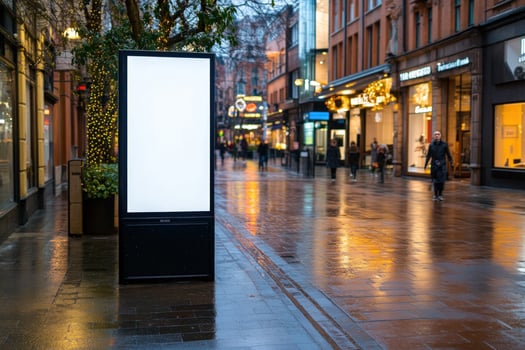 Blank Advertisement Billboard on a Wet City Street at Dusk photo