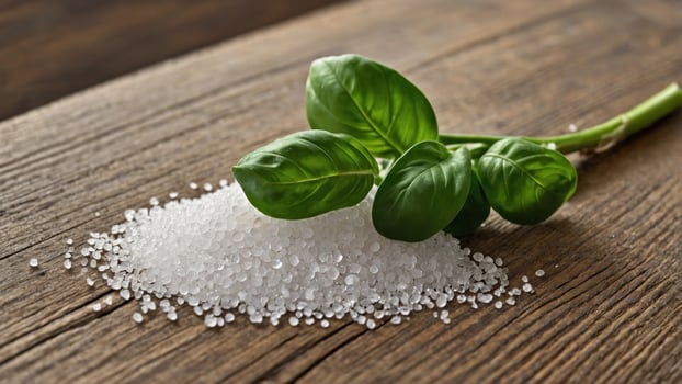 Fresh basil leaves resting on a mound of coarse salt on a rustic wooden surface, enhancing culinary appeal photo
